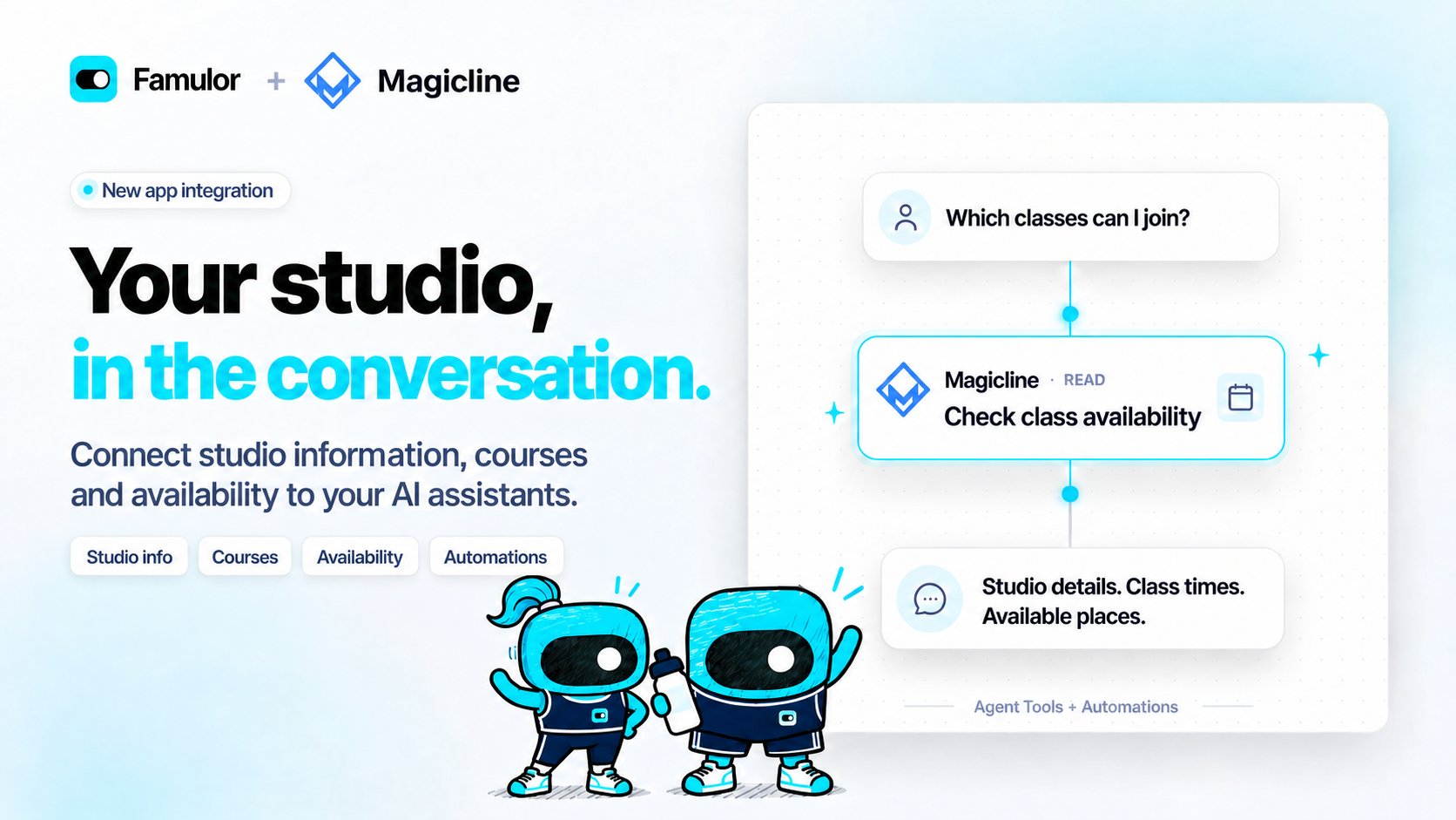 Famulor and Magicline with two sporty mascots and a conversation that checks class availability