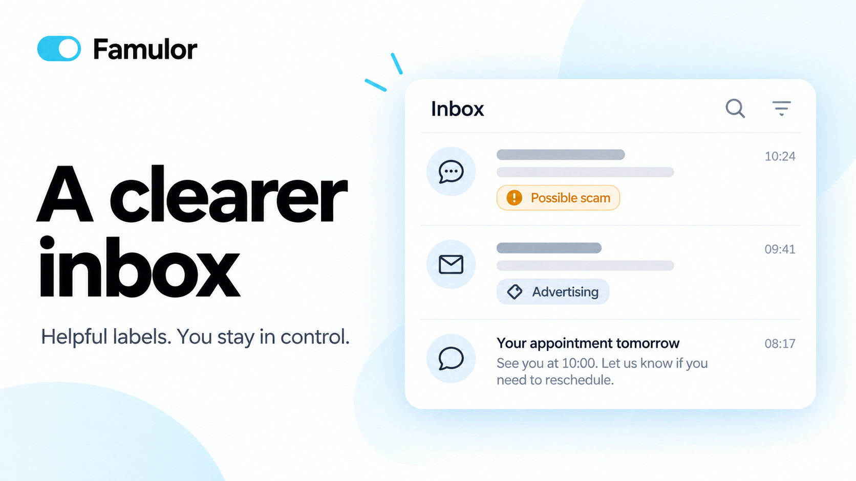 Inbox illustration with Possible scam and Advertising labels beside visible messages