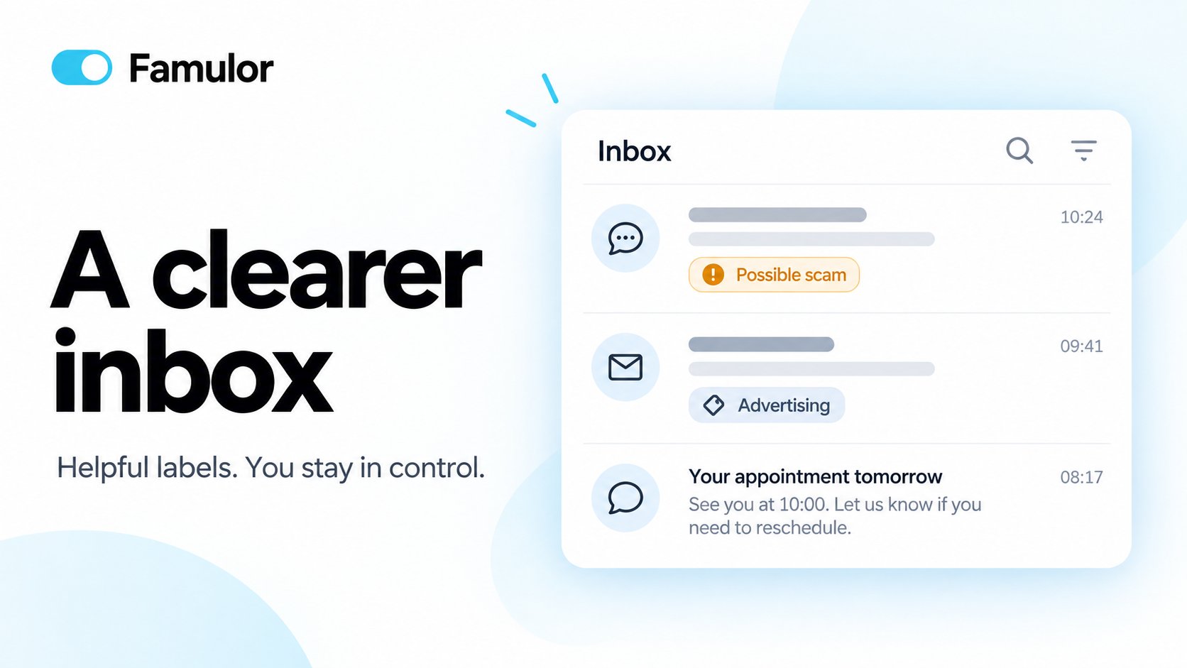Inbox illustration with Possible scam and Advertising labels beside visible messages