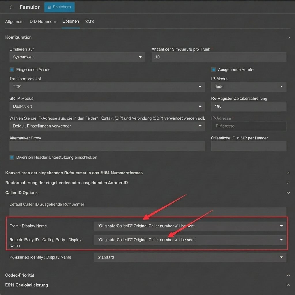 3CX trunk Caller ID Options with From: Display Name and Remote Party ID - Calling Party: Display Name both set to OriginatorCallerID
