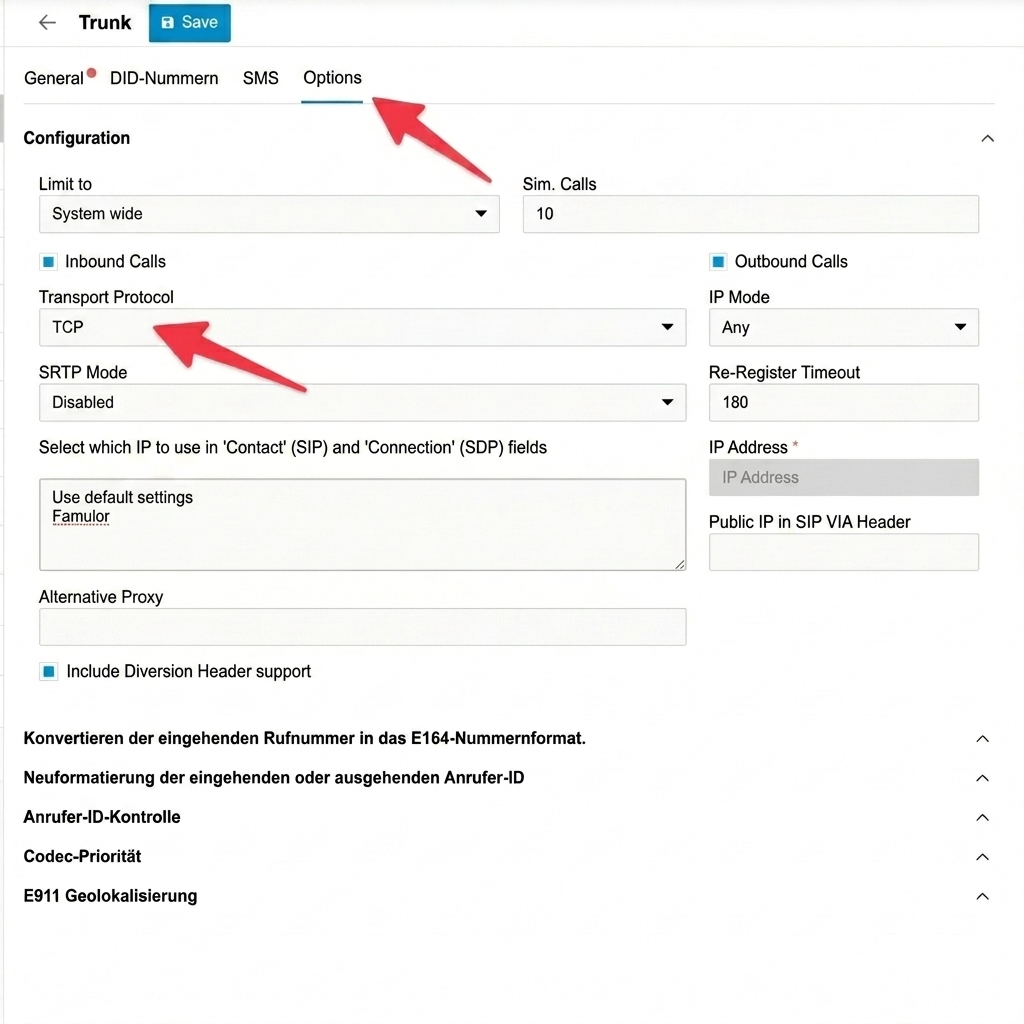 3CX trunk Options tab with Transport Protocol set to TCP and SRTP Mode disabled