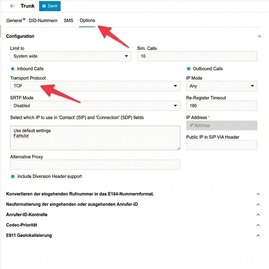 3CX trunk Options tab with Transport Protocol set to TCP and SRTP Mode disabled