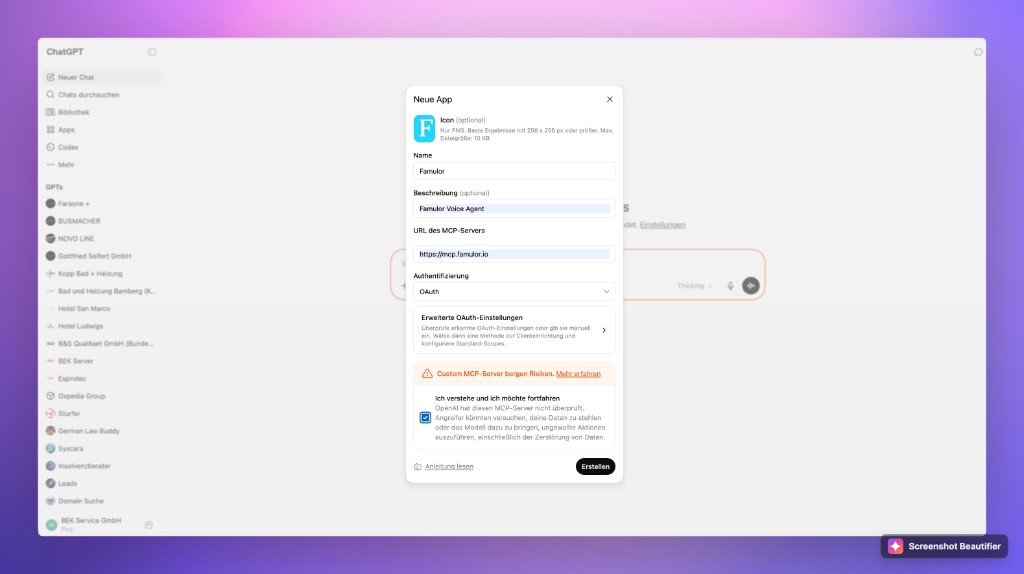 Adding Famulor as an MCP app in ChatGPT