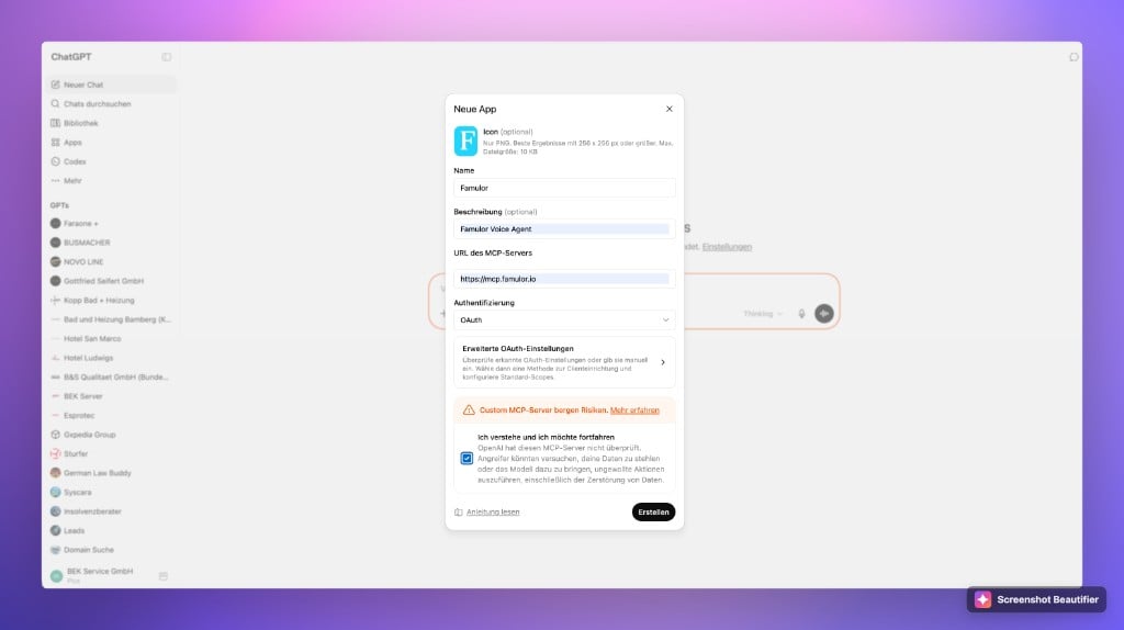 Adding Famulor as an MCP app in ChatGPT