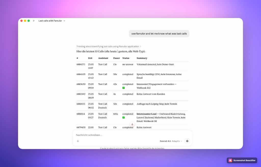 Claude using Famulor MCP to list recent calls