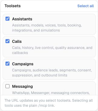 Toolset picker with Assistants, Calls, Campaigns and Messaging checkboxes