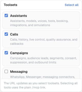 Toolset picker with Assistants, Calls, Campaigns and Messaging checkboxes