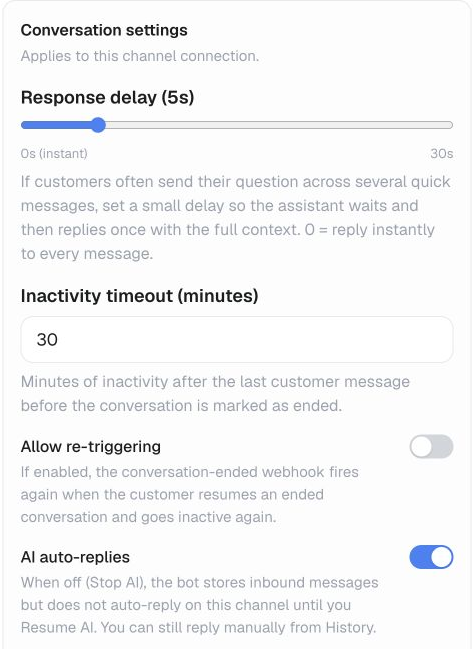 Messaging connection controls for response delay, inactivity, repeated triggers and AI replies