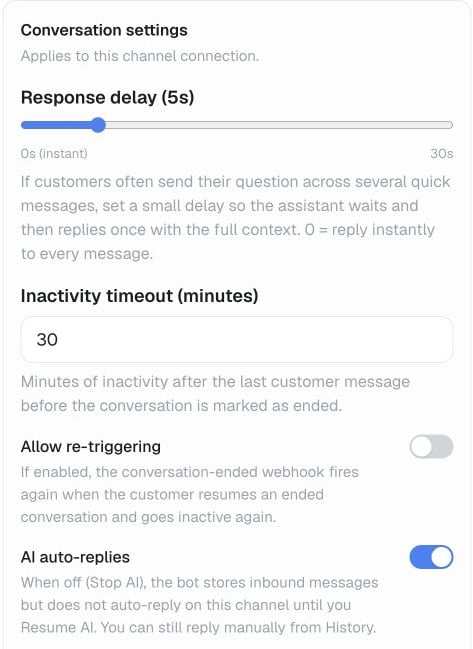 Messaging connection controls for response delay, inactivity, repeated triggers and AI replies