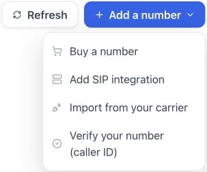 Add a number menu with marketplace, SIP, carrier import and caller ID verification options
