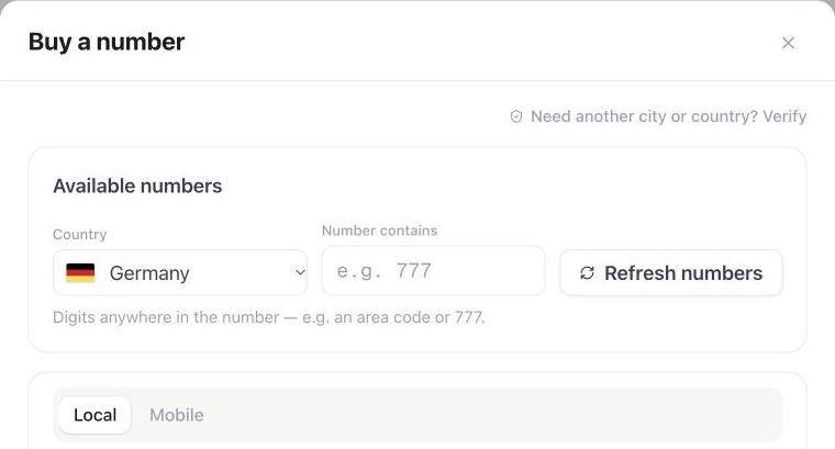 Phone number marketplace search with country, number pattern and Local or Mobile filters