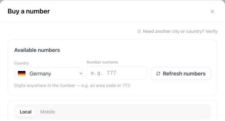 Phone number marketplace search with country, number pattern and Local or Mobile filters