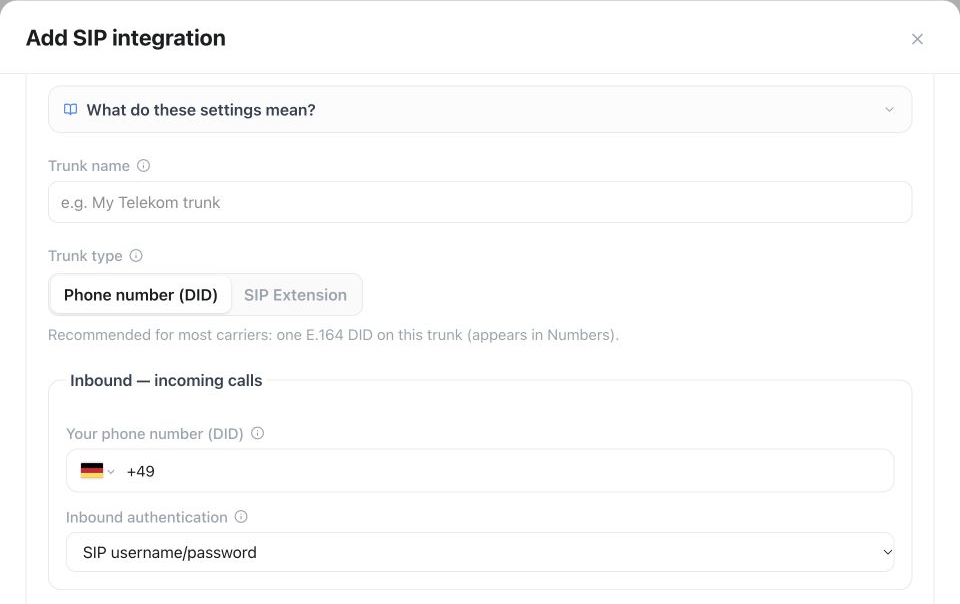 SIP integration form with trunk type, incoming phone number and inbound authentication