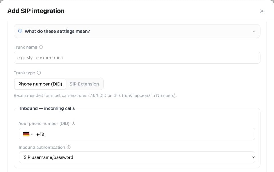SIP integration form with trunk type, incoming phone number and inbound authentication