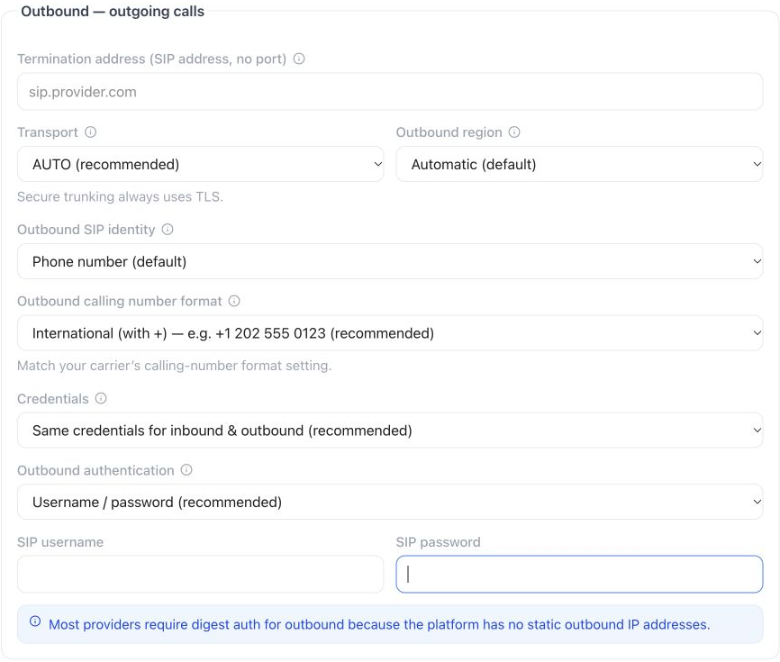 Outbound SIP form with termination, transport, identity, number format and authentication settings