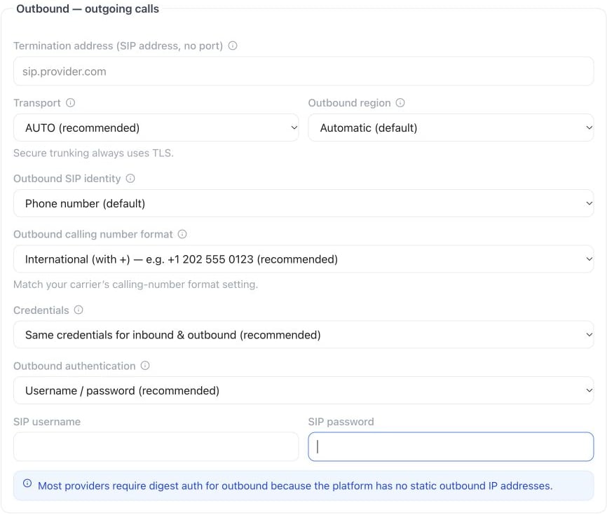 Outbound SIP form with termination, transport, identity, number format and authentication settings