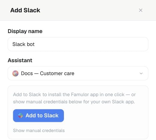 Add Slack form with assistant selection and Add to Slack authorization button