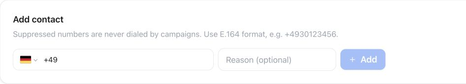Add contact suppression form with phone number, optional reason and Add