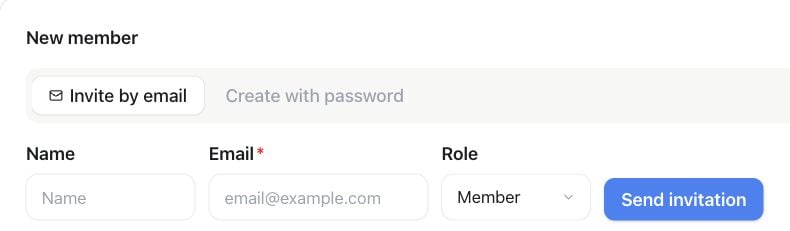 Invite by email form with name, email, role and Send invitation