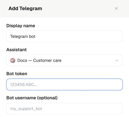 Add Telegram form with name, assistant, empty bot token and optional username fields