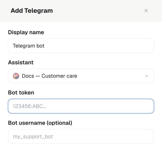 Add Telegram form with name, assistant, empty bot token and optional username fields