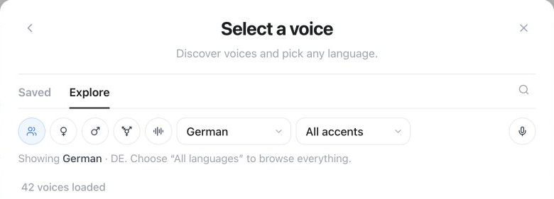 Voice picker with Saved and Explore tabs, language and accent filters