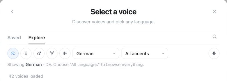 Voice picker with Saved and Explore tabs, language and accent filters