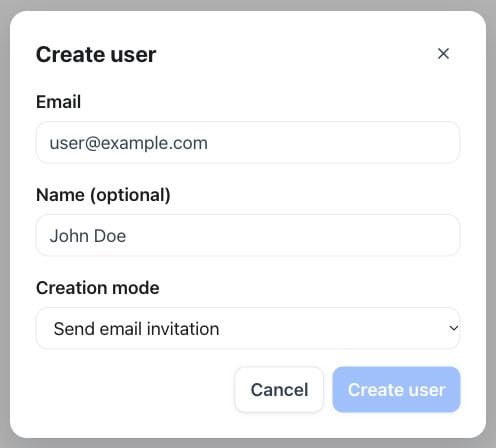 Create user — email, optional name and creation mode before submission