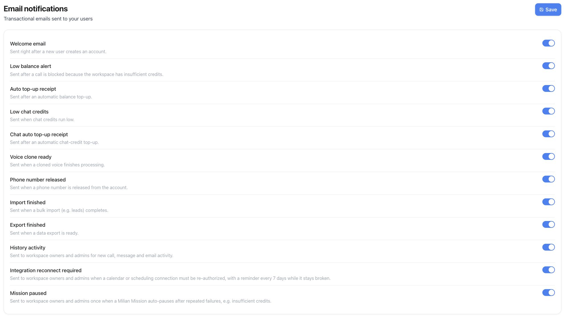 Email notifications — interruptores de correos de cuenta y actividad del cliente