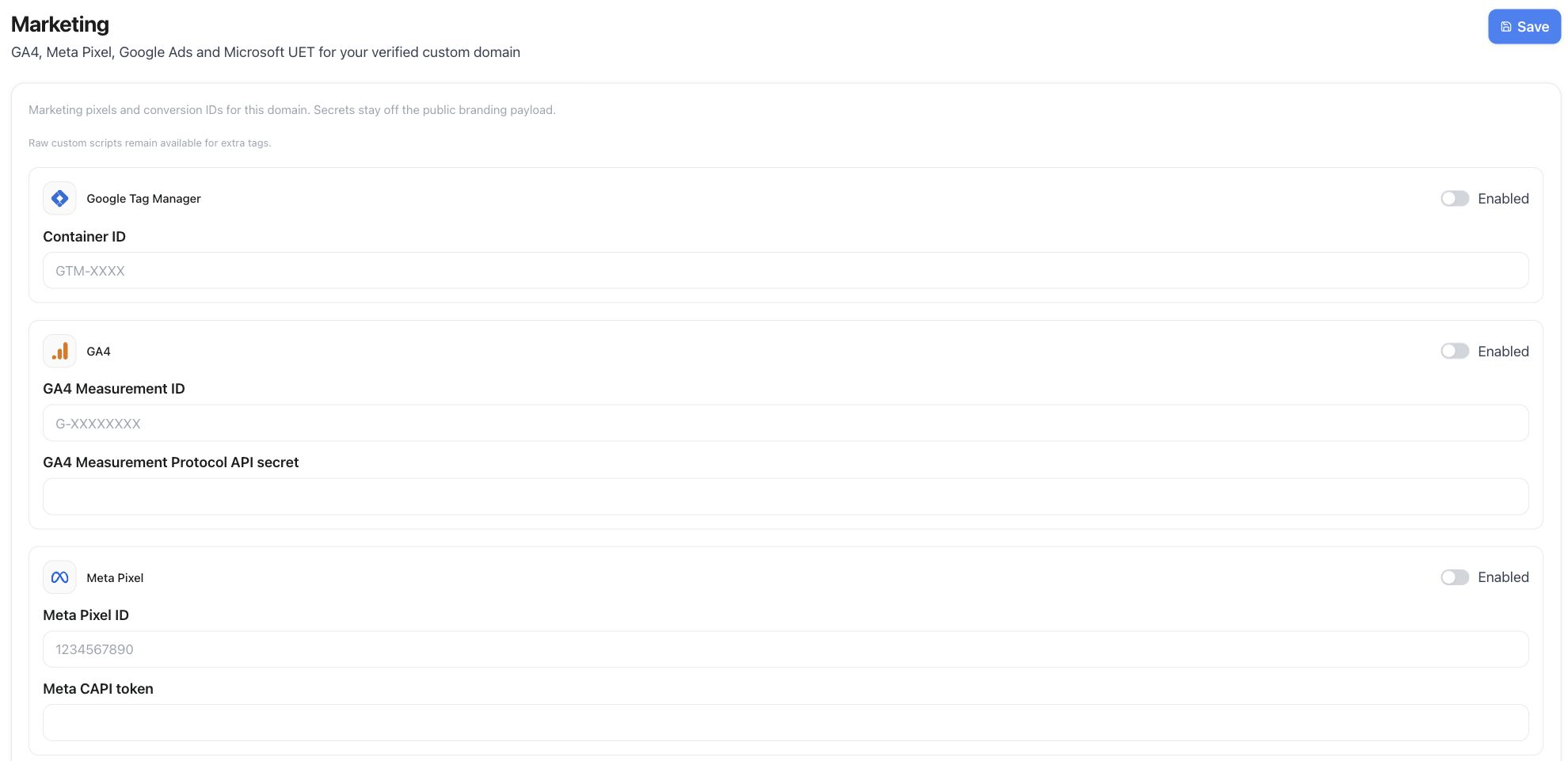 Marketing settings with Google Tag Manager, GA4 and Meta Pixel fields, Enabled switches and Save