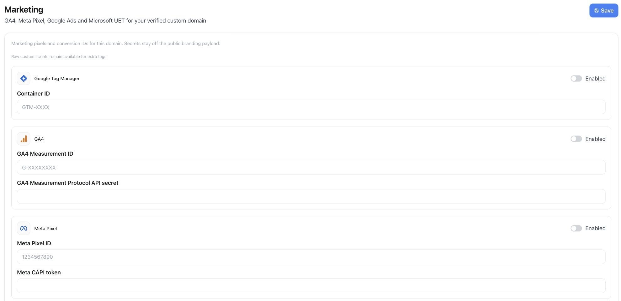 Marketing settings with Google Tag Manager, GA4 and Meta Pixel fields, Enabled switches and Save