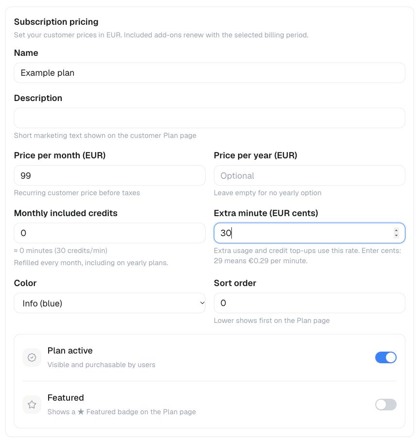 New plan — name and subscription pricing in an unsaved example