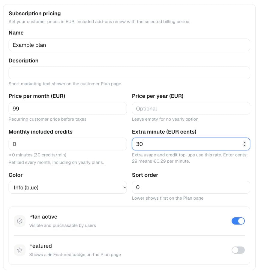 New plan — name and subscription pricing in an unsaved example