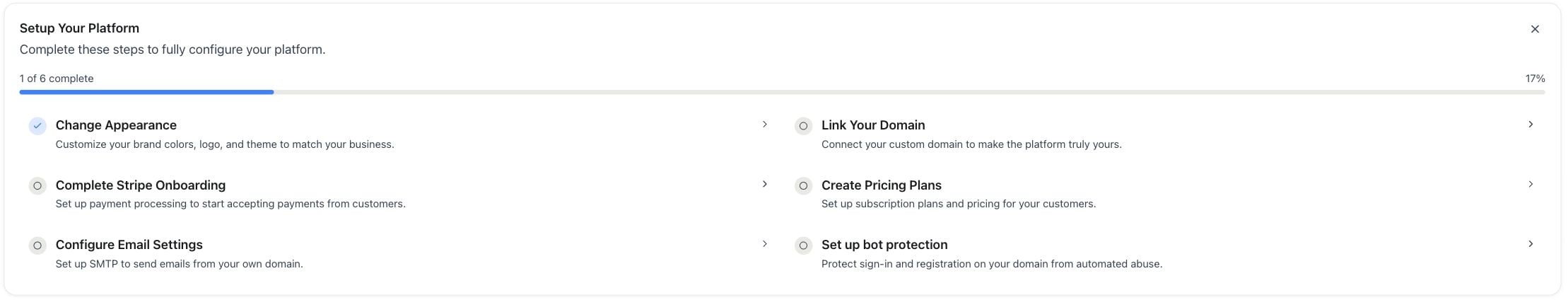 Dashboard — setup links for appearance, domain, payments, plans, email and bot protection