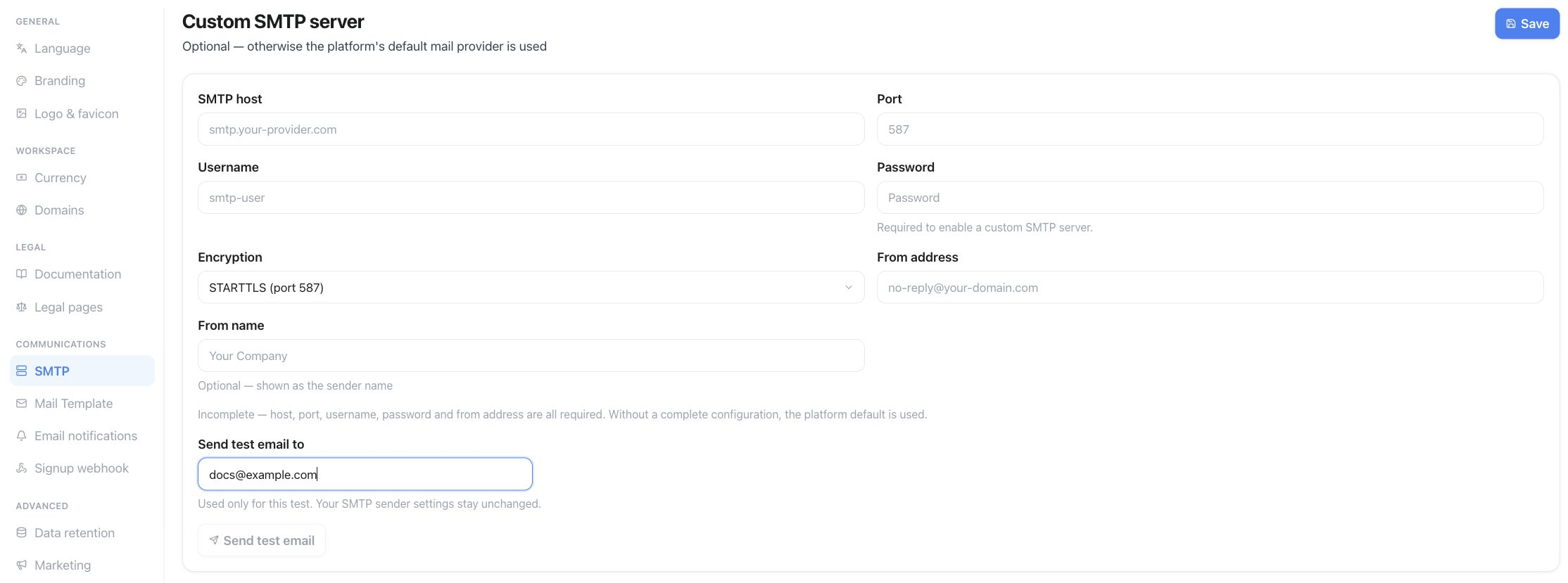 SMTP — campos de servidor y remitente sin configurar