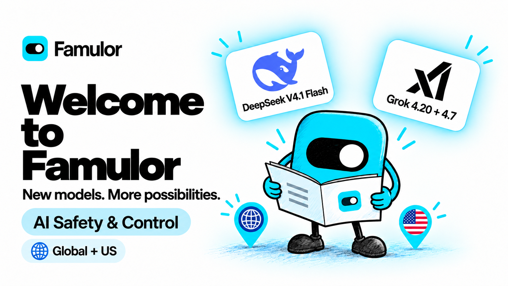 Welcome to Famulor: the Famulor mascot welcomes new DeepSeek and Grok models with the DeepSeek and xAI logos