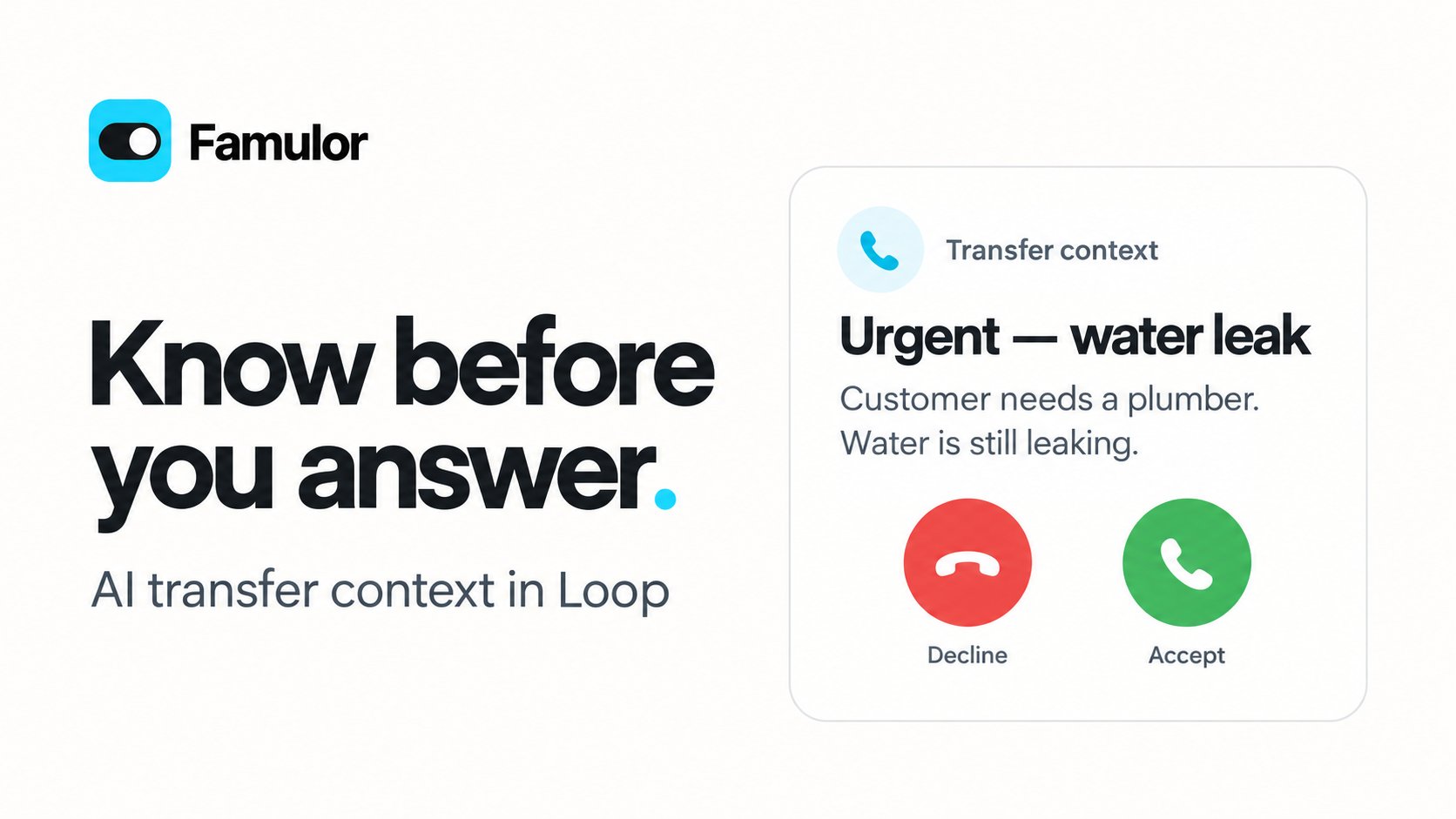 Famulor Loop illustration showing a transfer reason, customer needs, and decline and accept controls