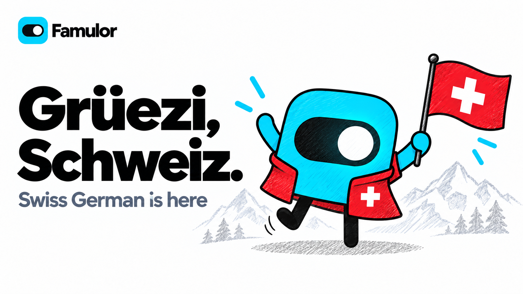 Famulor mascot in a red Swiss jacket, waving the Swiss flag