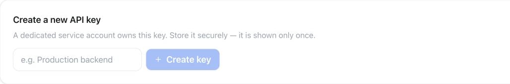 API key creation form with an empty name field and Create key button