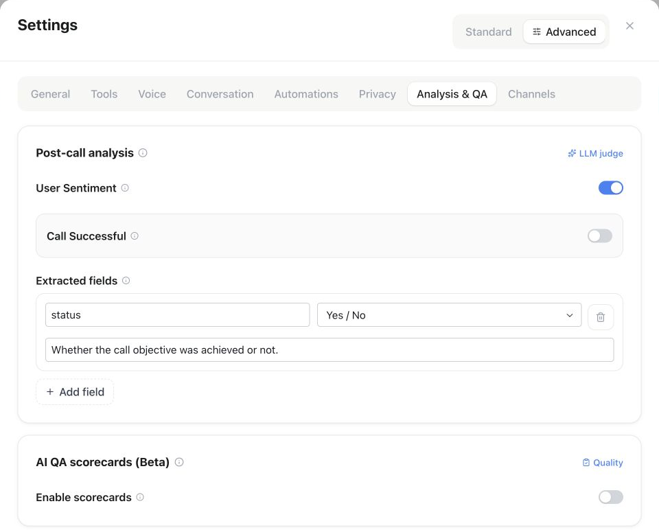 Post-call analysis controls and the separate beta QA scorecard section