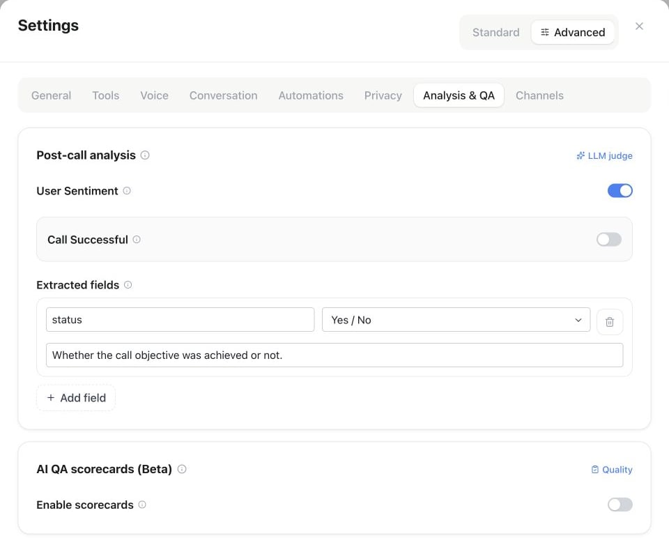 Post-call analysis controls and the separate beta QA scorecard section
