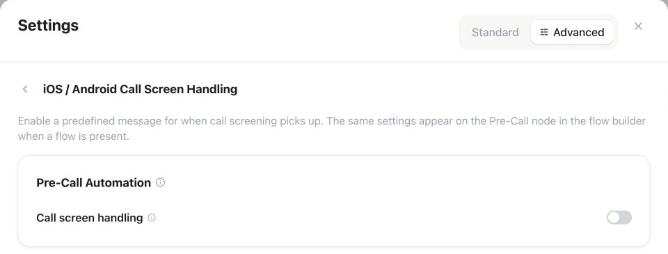 Call screening settings with the Call screen handling switch turned off