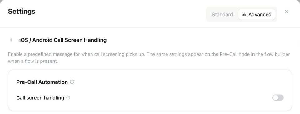 Call screening settings with the Call screen handling switch turned off