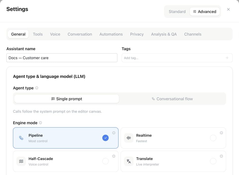 Assistant General settings with the four engine mode choices
