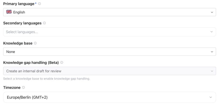 Timezone dropdown below the language and knowledge base settings