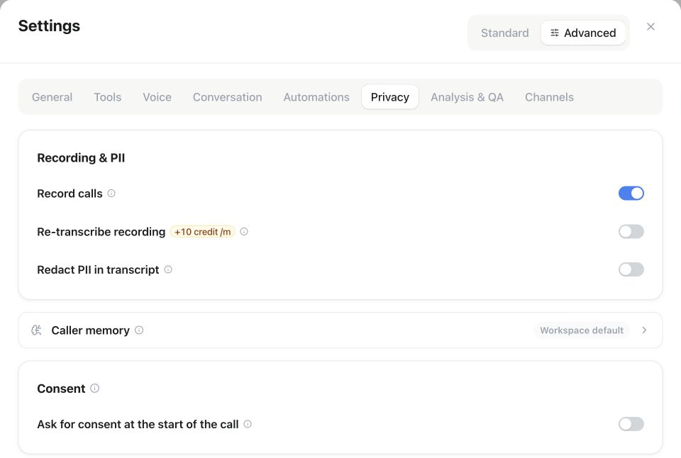 Assistant Privacy tab with recording, transcript redaction, caller memory and consent controls