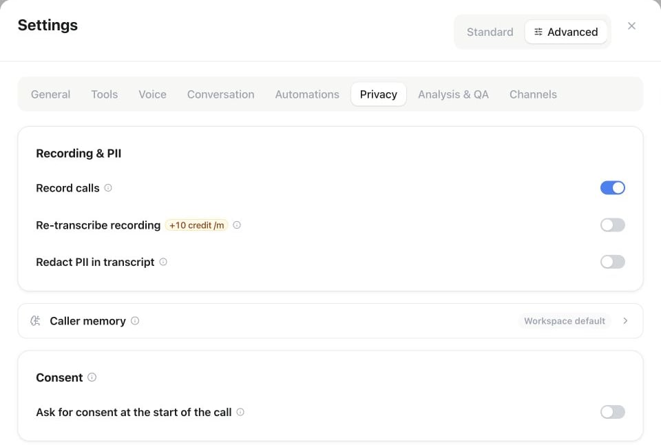 Assistant Privacy tab with recording, transcript redaction, caller memory and consent controls