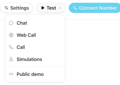 Assistant Test menu with separate Web Call and Call options