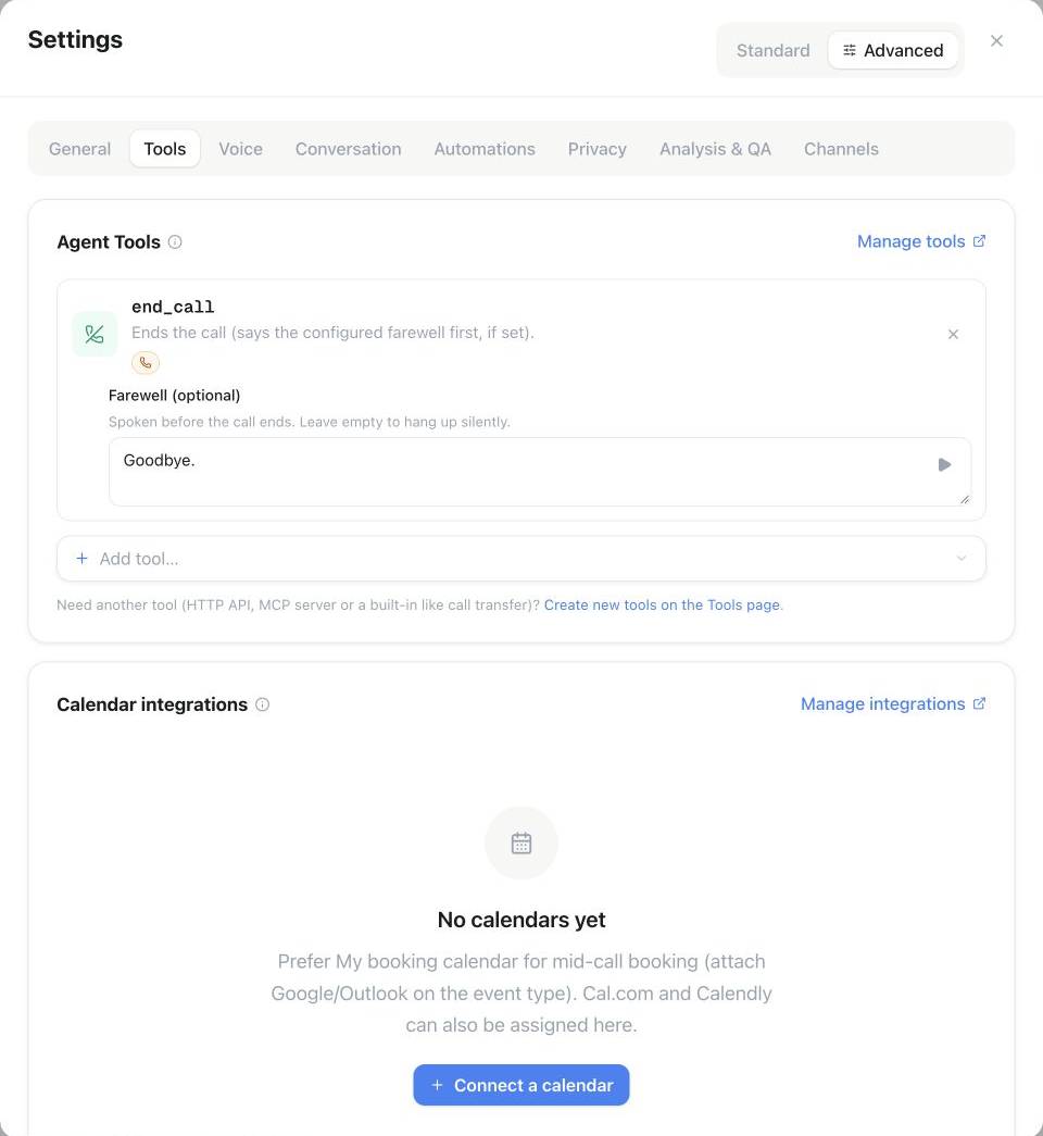 Tools-Tab des Assistenten mit Add tool und Verabschiedung beim Gesprächsende