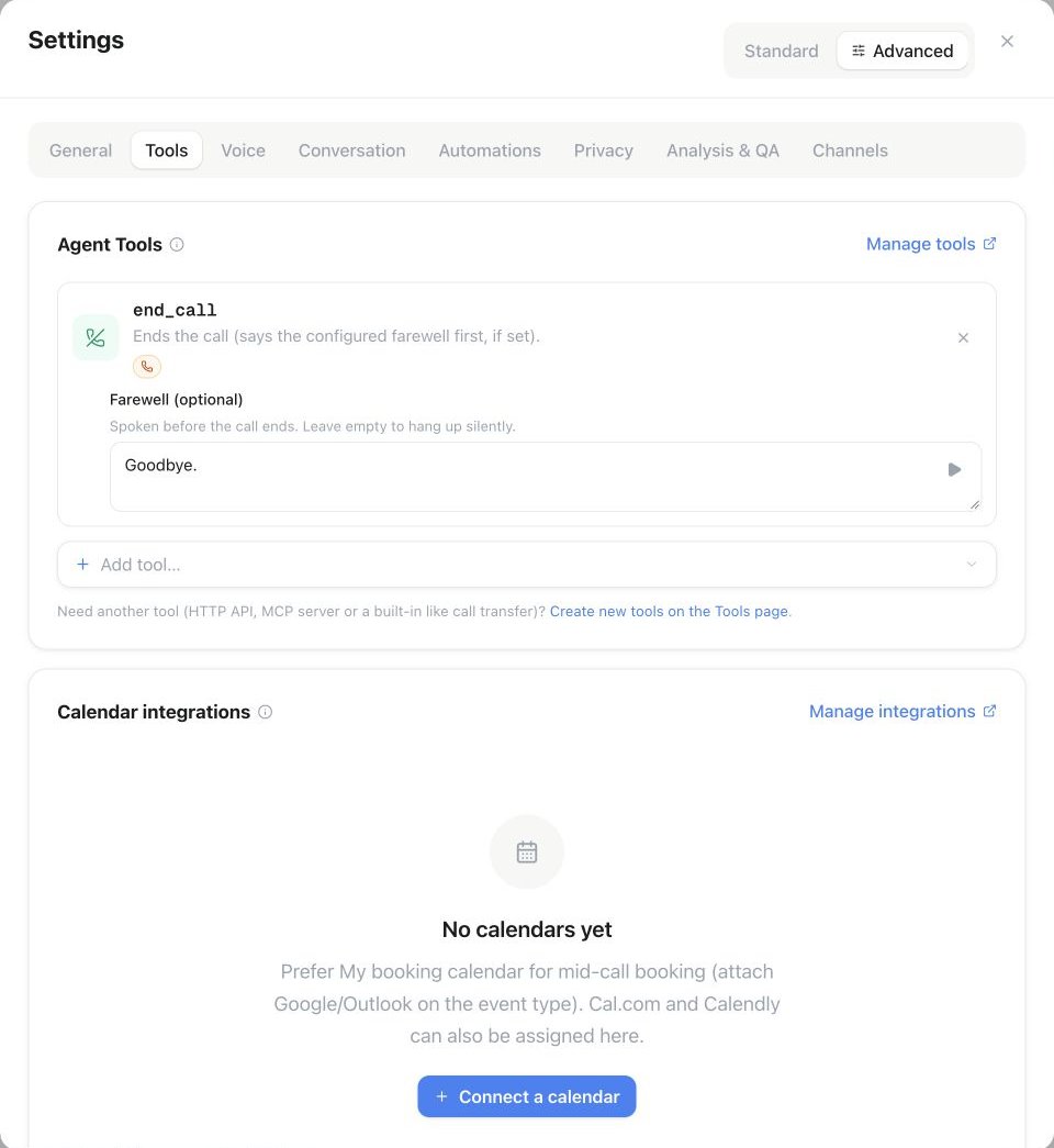 Tools-Tab des Assistenten mit Add tool und Verabschiedung beim Gesprächsende